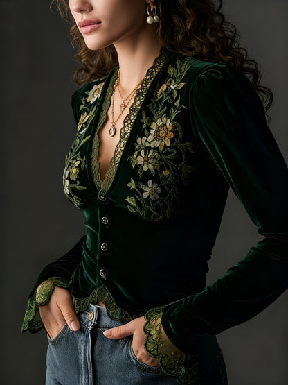 Nora | Long-Sleeve Velvet Blouse with Embroidered Flowers