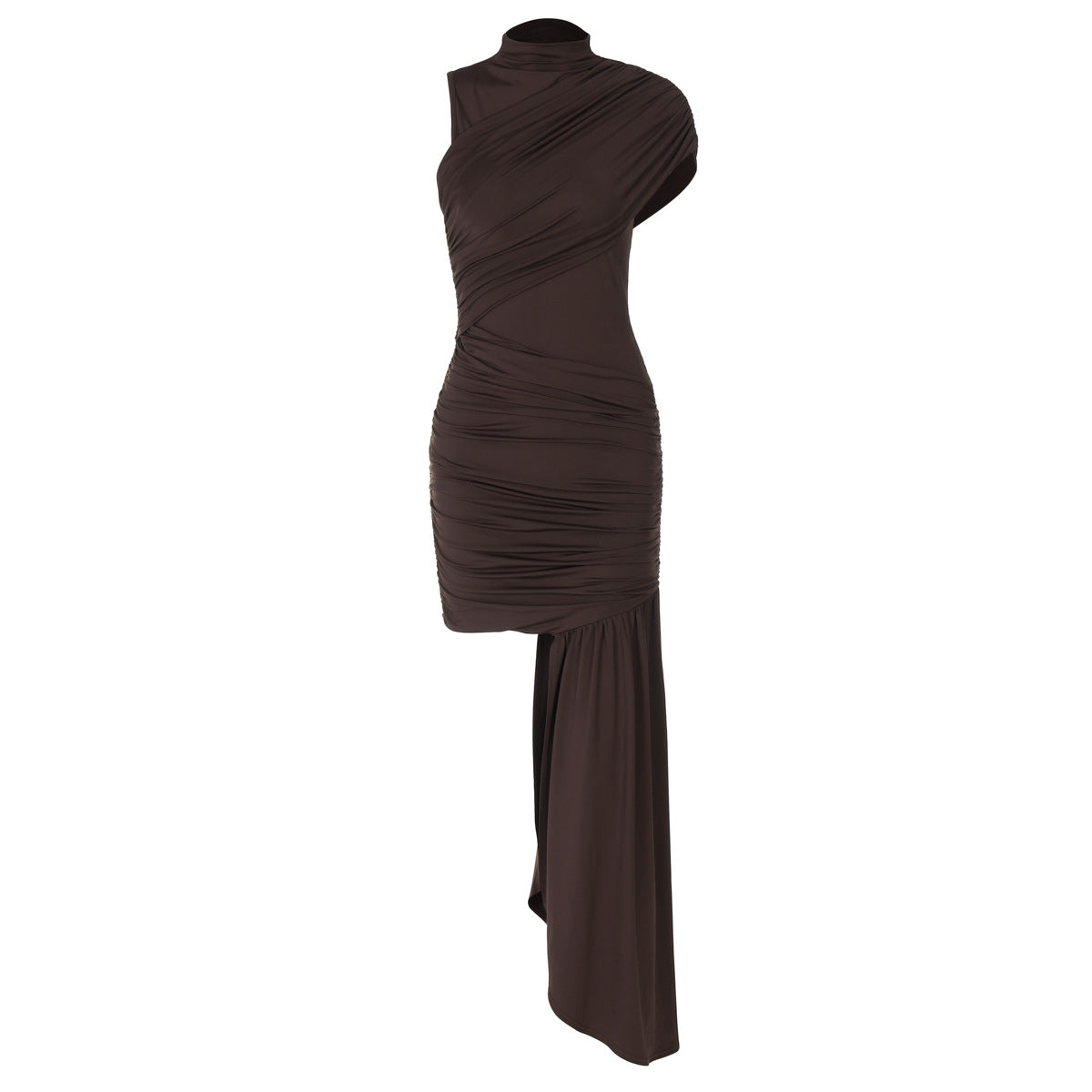 Damen Asymmetrisches Minikleid mit Stehkragen Raffung und Seitenschleppe