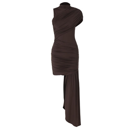 Damen Asymmetrisches Minikleid mit Stehkragen Raffung und Seitenschleppe
