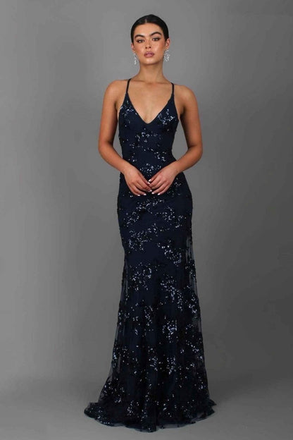 Damen Bodenlanges Kleid mit V-Ausschnitt Spaghettiträgern und Paillettenbesatz