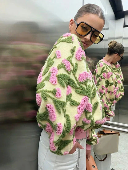 Damen Bomberjacke mit Reißverschluss und 3D Blumenmuster sowie gerippten Abschlüssen