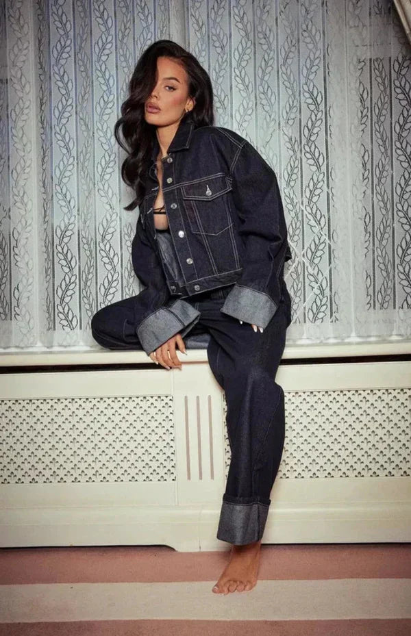 Damen Denim Set für Frauen mit Knopfleiste Hemdblusenkragen und weitem Bein