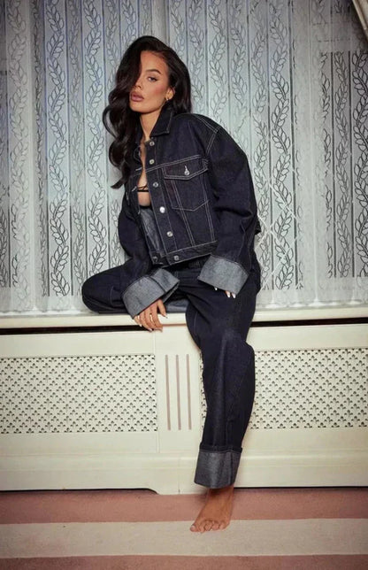 Damen Denim Set für Frauen mit Knopfleiste Hemdblusenkragen und weitem Bein