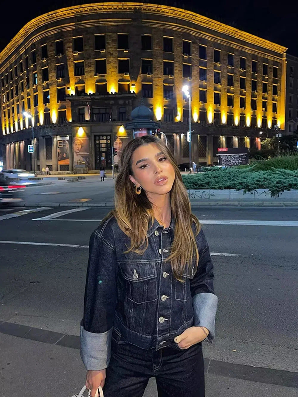 Damen Denim Set für Frauen mit Knopfleiste Hemdblusenkragen und weitem Bein