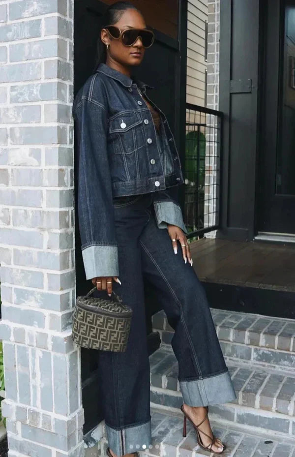 Damen Denim Set für Frauen mit Knopfleiste Hemdblusenkragen und weitem Bein