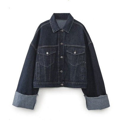 Damen Denim Set für Frauen mit Knopfleiste Hemdblusenkragen und weitem Bein