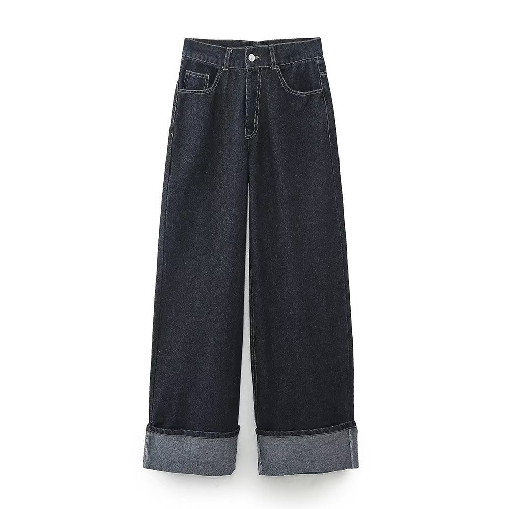 Damen Denim Set für Frauen mit Knopfleiste Hemdblusenkragen und weitem Bein