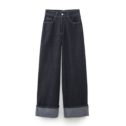 Damen Denim Set für Frauen mit Knopfleiste Hemdblusenkragen und weitem Bein