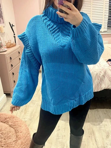 Damen Grobstrick Rollkragenpullover mit Langen Ärmeln und Rippbündchen