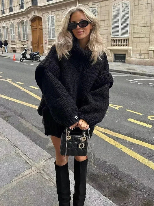 Damen Grobstrick Rollkragenpullover mit Langen Ärmeln und Rippbündchen