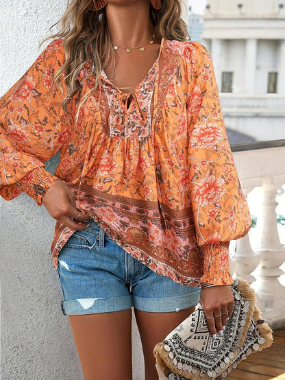 Damen Hemd mit Blumenmuster und V-Ausschnitt