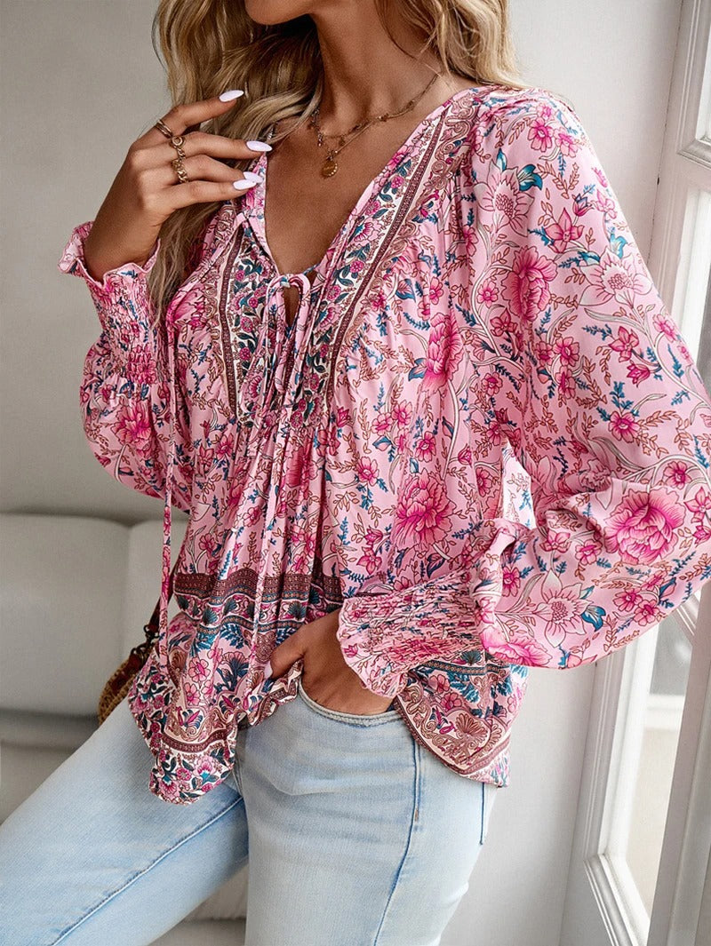 Damen Hemd mit Blumenmuster und V-Ausschnitt