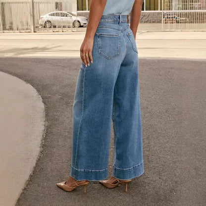 Damen Hose mit Hohem Bund Weitem Bein Knopfverschluss und Eingrifftaschen