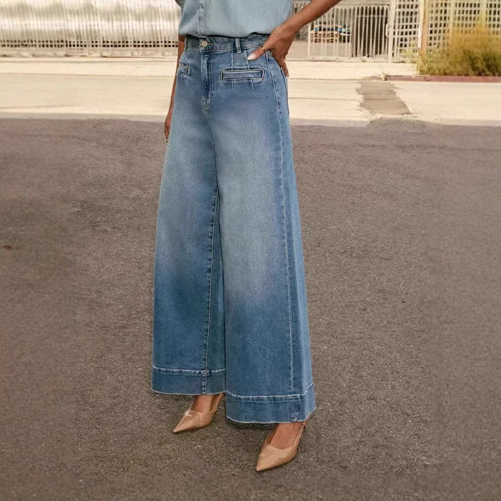 Damen Hose mit Hohem Bund Weitem Bein Knopfverschluss und Eingrifftaschen