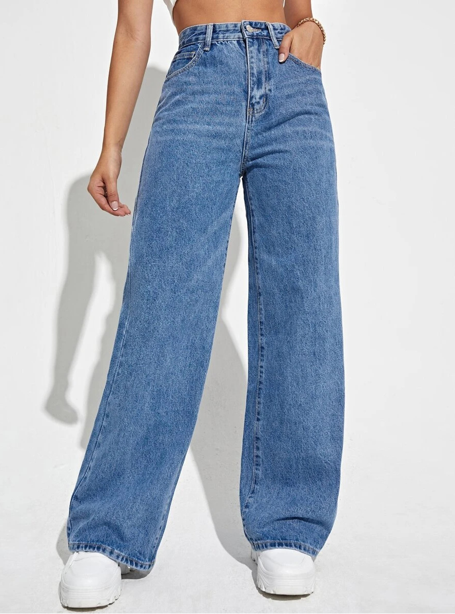 Damen Hose mit hohem Bund weitem Bein Knopfverschluss und Fronttaschen