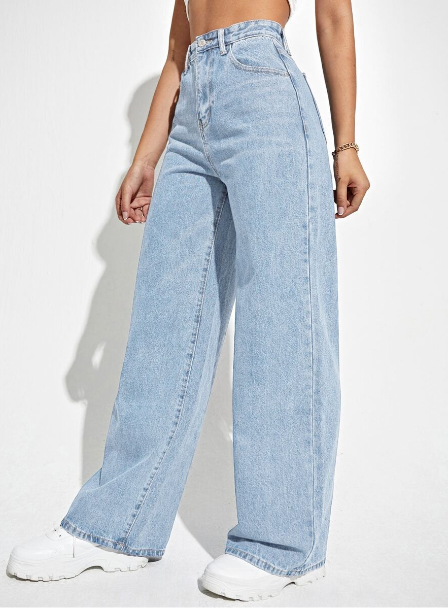 Damen Hose mit hohem Bund weitem Bein Knopfverschluss und Fronttaschen