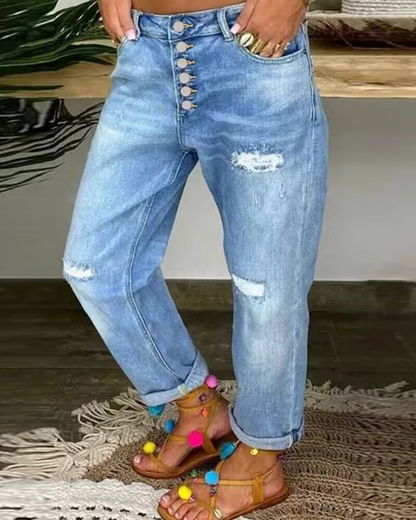 Damen Hose mit Öffnungen an Knien und Oberschenkeln und Knopfverschluss