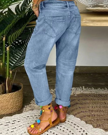 Damen Hose mit Öffnungen an Knien und Oberschenkeln und Knopfverschluss