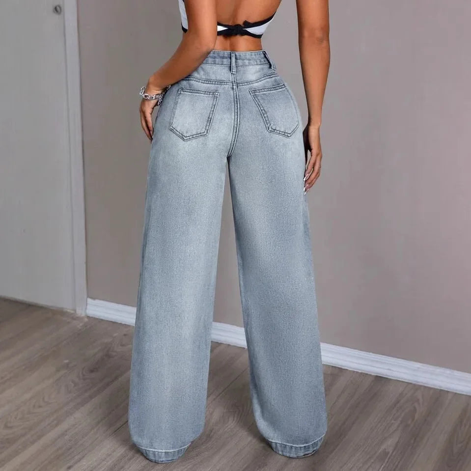 Damen Hose mit Weitem Bein Knopfverschluss und Fronttaschen in Heller Waschung