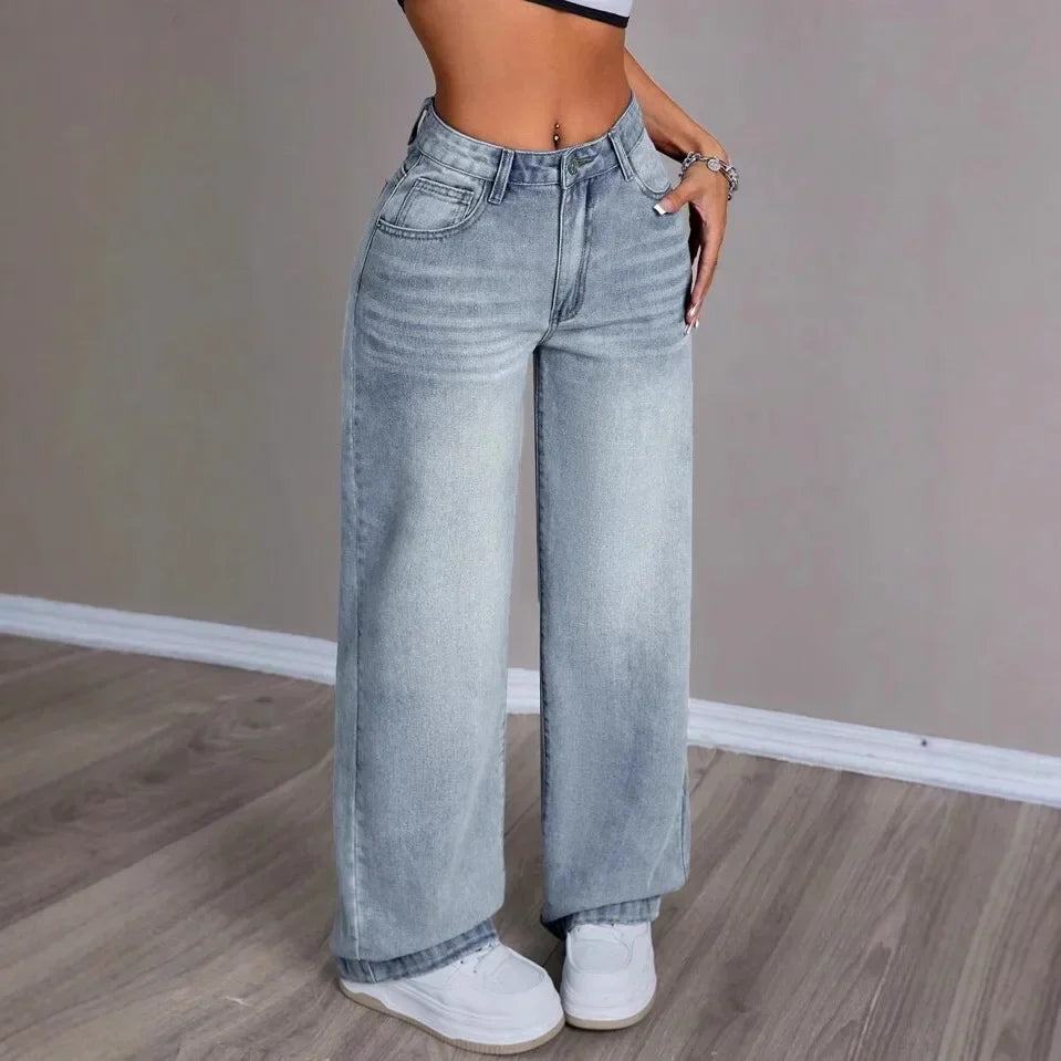 Damen Hose mit Weitem Bein Knopfverschluss und Fronttaschen in Heller Waschung