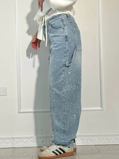 Damen Hose mit weitem Bein Strassbesatz Seitentasche mit Klappe und Knopfverschluss