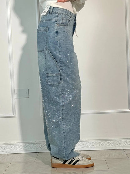 Damen Hose mit weitem Bein Strassbesatz Seitentasche mit Klappe und Knopfverschluss