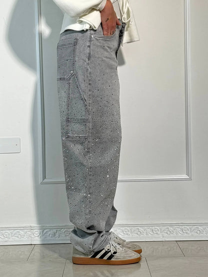 Damen Hose mit weitem Bein Strassbesatz Seitentasche mit Klappe und Knopfverschluss