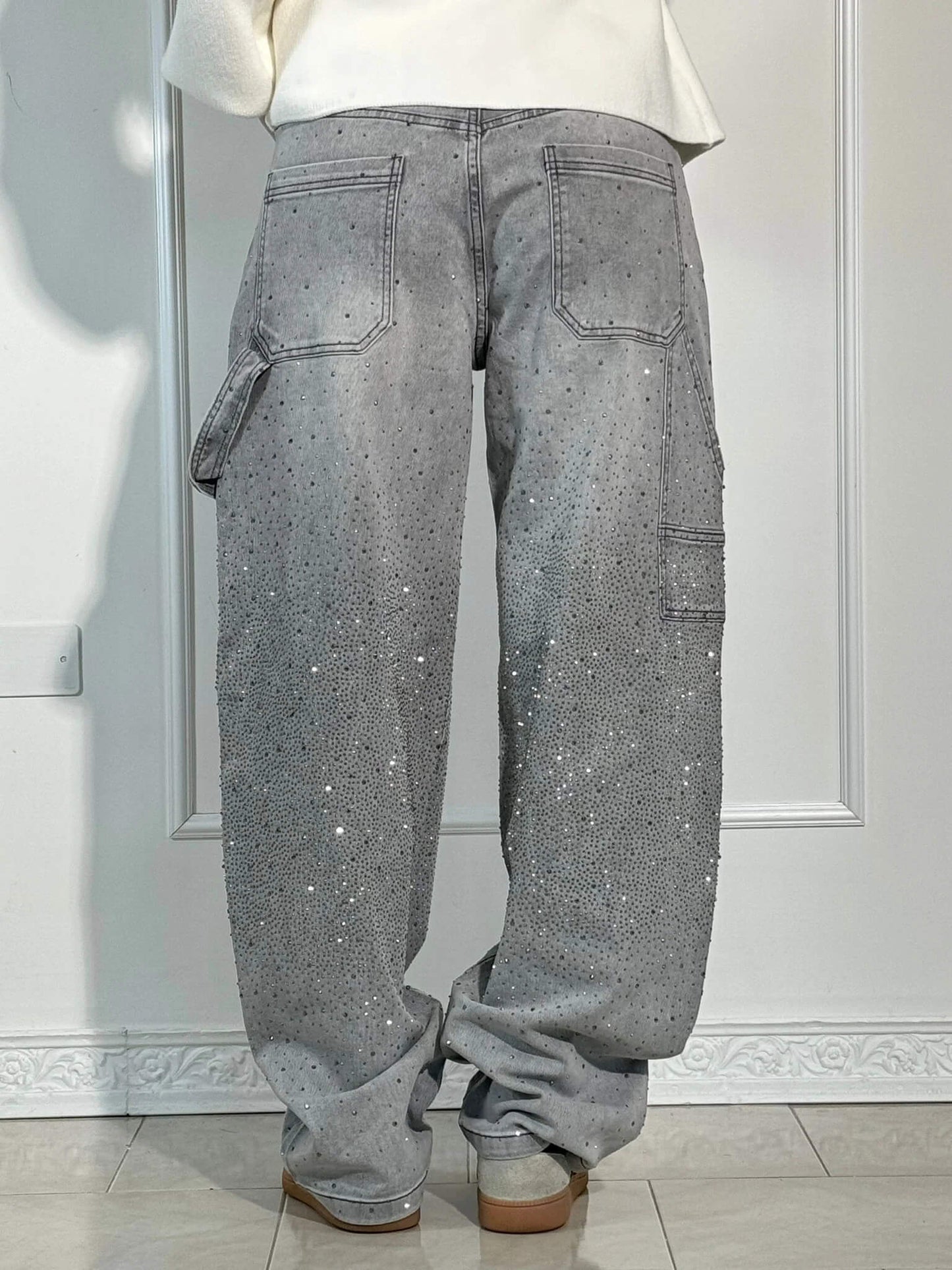 Damen Hose mit weitem Bein Strassbesatz Seitentasche mit Klappe und Knopfverschluss