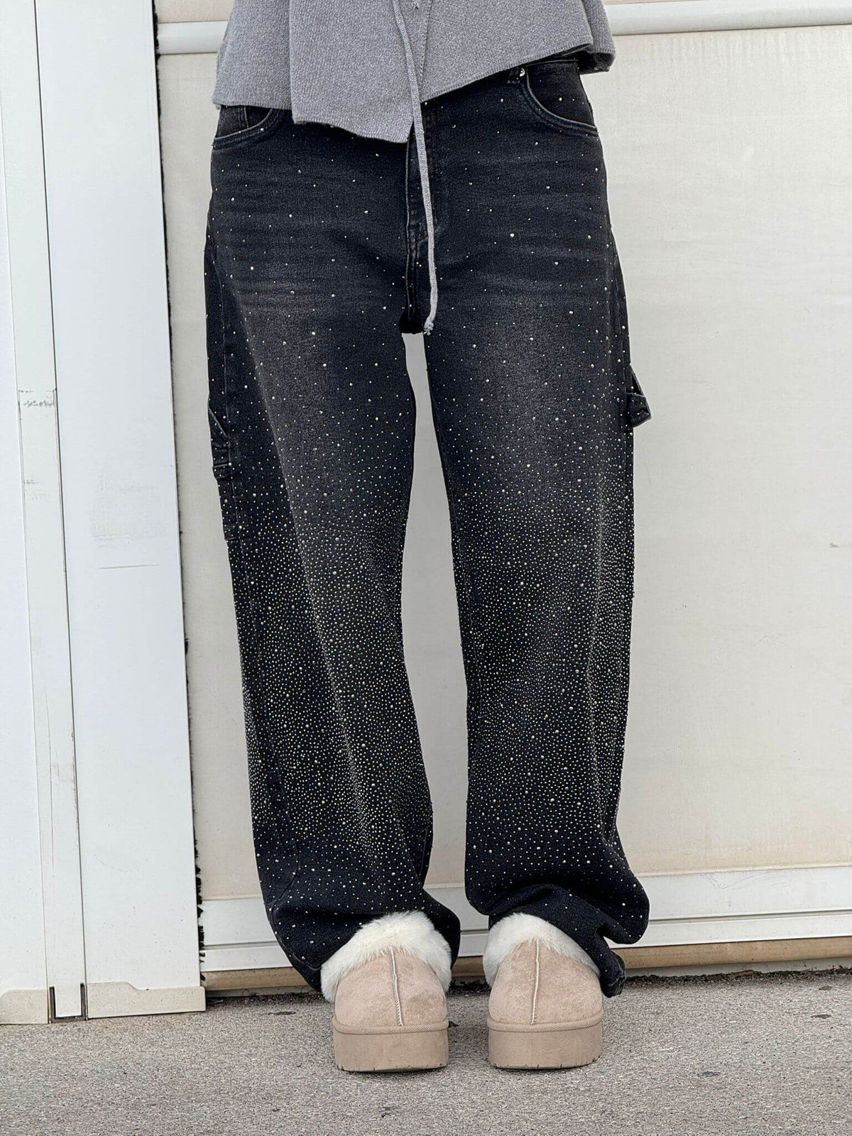 Damen Hose mit weitem Bein Strassbesatz Seitentasche mit Klappe und Knopfverschluss