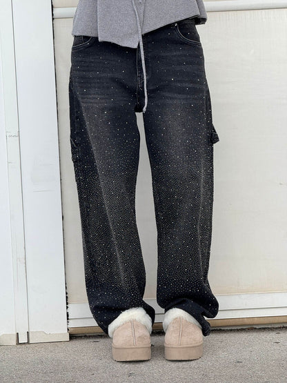 Damen Hose mit weitem Bein Strassbesatz Seitentasche mit Klappe und Knopfverschluss