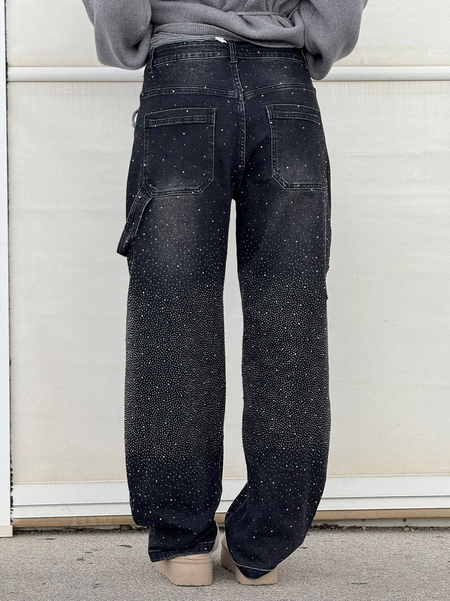 Damen Hose mit weitem Bein Strassbesatz Seitentasche mit Klappe und Knopfverschluss