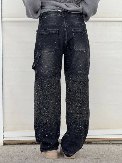 Damen Hose mit weitem Bein Strassbesatz Seitentasche mit Klappe und Knopfverschluss