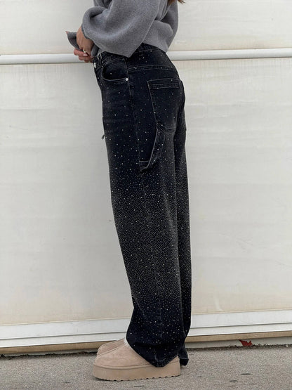 Damen Hose mit weitem Bein Strassbesatz Seitentasche mit Klappe und Knopfverschluss