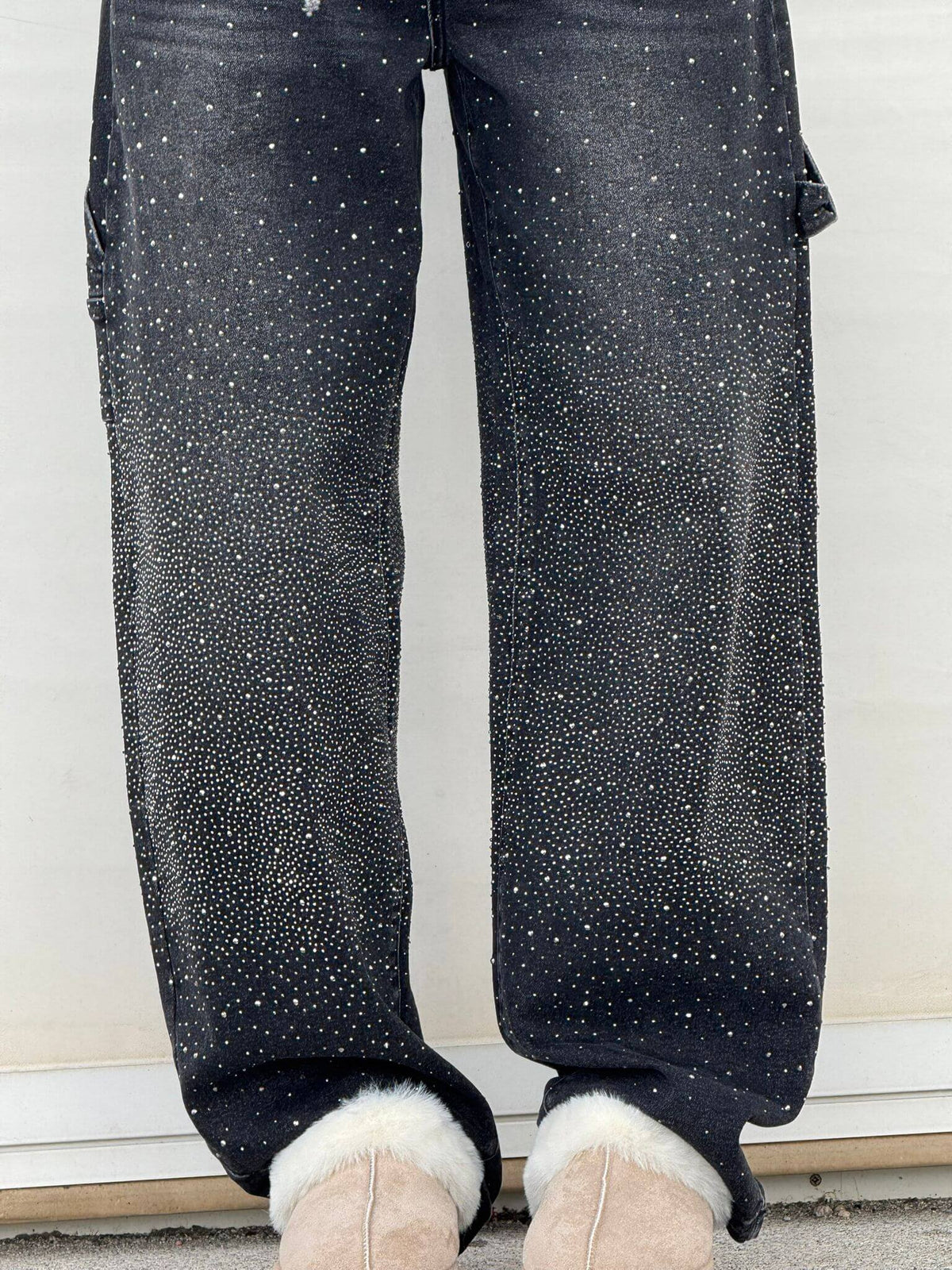 Damen Hose mit weitem Bein Strassbesatz Seitentasche mit Klappe und Knopfverschluss