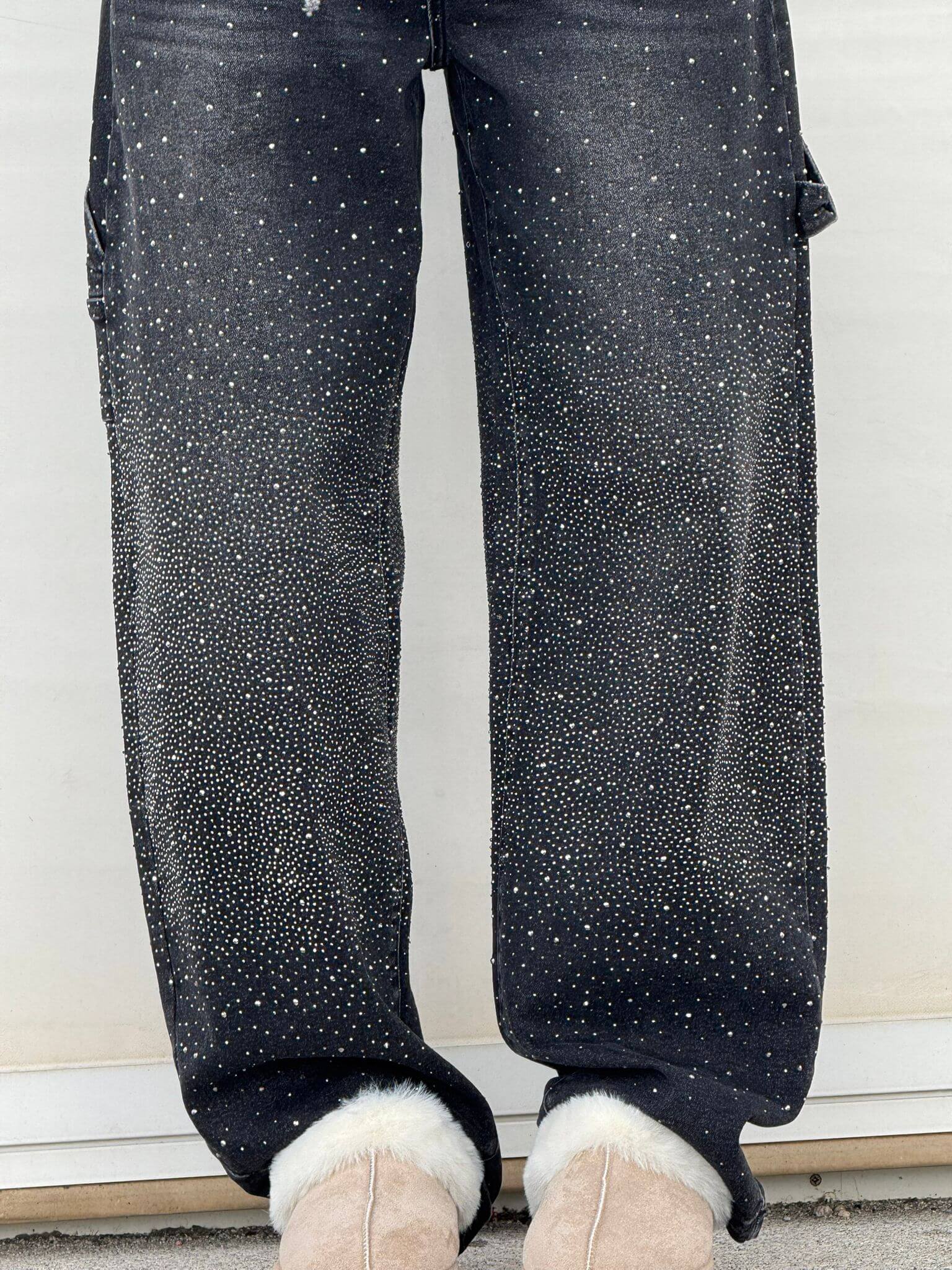 Damen Hose mit weitem Bein Strassbesatz Seitentasche mit Klappe und Knopfverschluss
