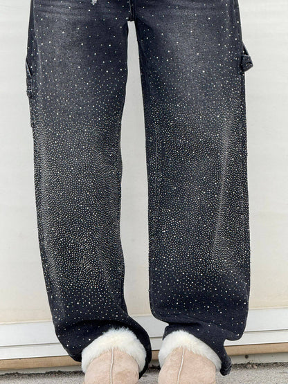Damen Hose mit weitem Bein Strassbesatz Seitentasche mit Klappe und Knopfverschluss