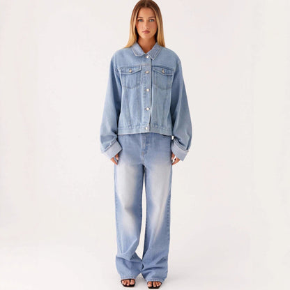 Damen Jeansjacke mit Brusttaschen und Kontrastkrempe