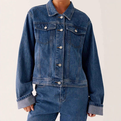 Damen Jeansjacke mit Brusttaschen und Kontrastkrempe