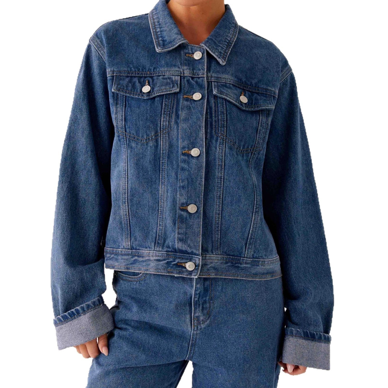 Damen Jeansjacke mit Brusttaschen und Kontrastkrempe