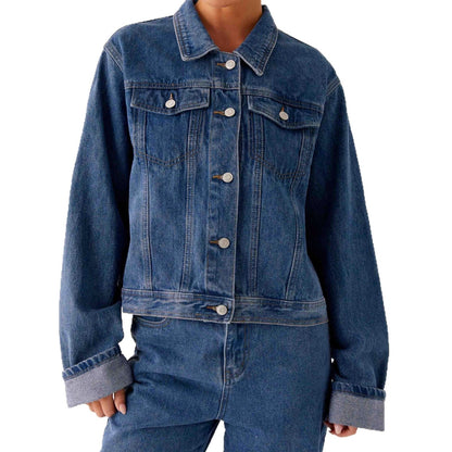 Damen Jeansjacke mit Brusttaschen und Kontrastkrempe