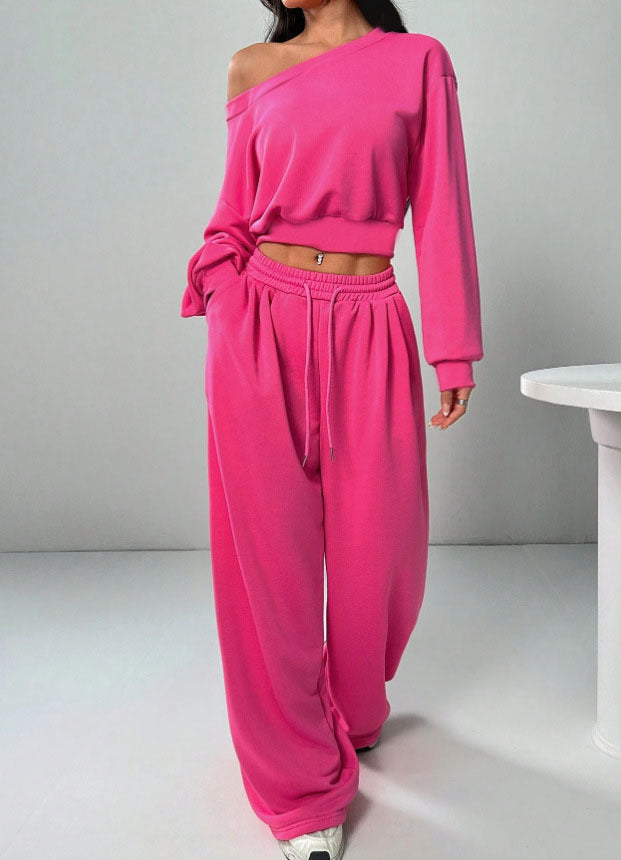 Damen Jogginganzug Set mit Schulterfreiem Oberteil und Weitem Hosenbein und Kordelzug