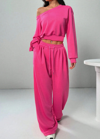 Damen Jogginganzug Set mit Schulterfreiem Oberteil und Weitem Hosenbein und Kordelzug