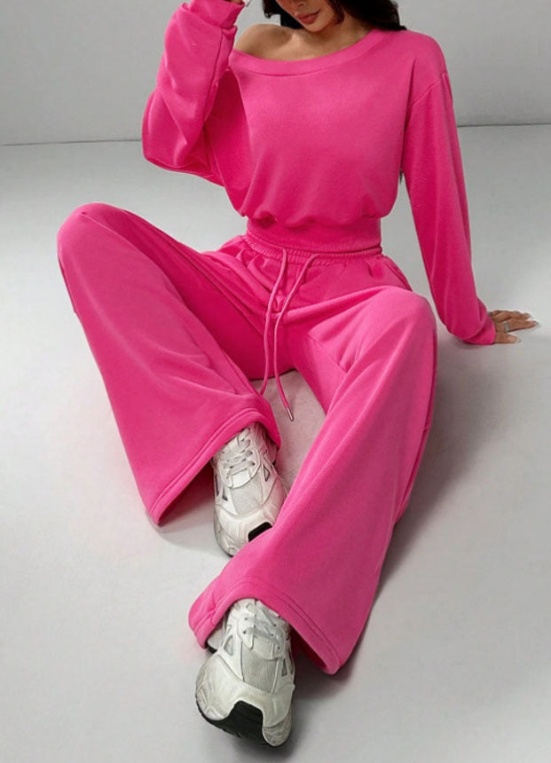 Damen Jogginganzug Set mit Schulterfreiem Oberteil und Weitem Hosenbein und Kordelzug
