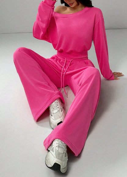 Damen Jogginganzug Set mit Schulterfreiem Oberteil und Weitem Hosenbein und Kordelzug