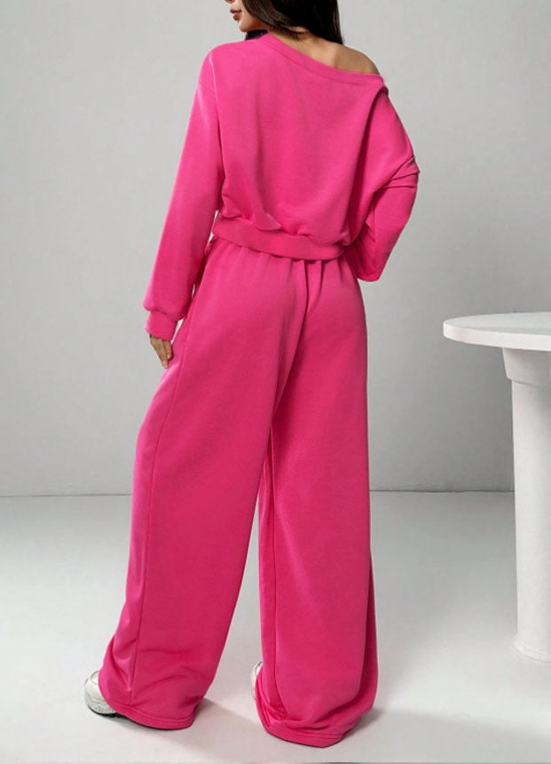 Damen Jogginganzug Set mit Schulterfreiem Oberteil und Weitem Hosenbein und Kordelzug