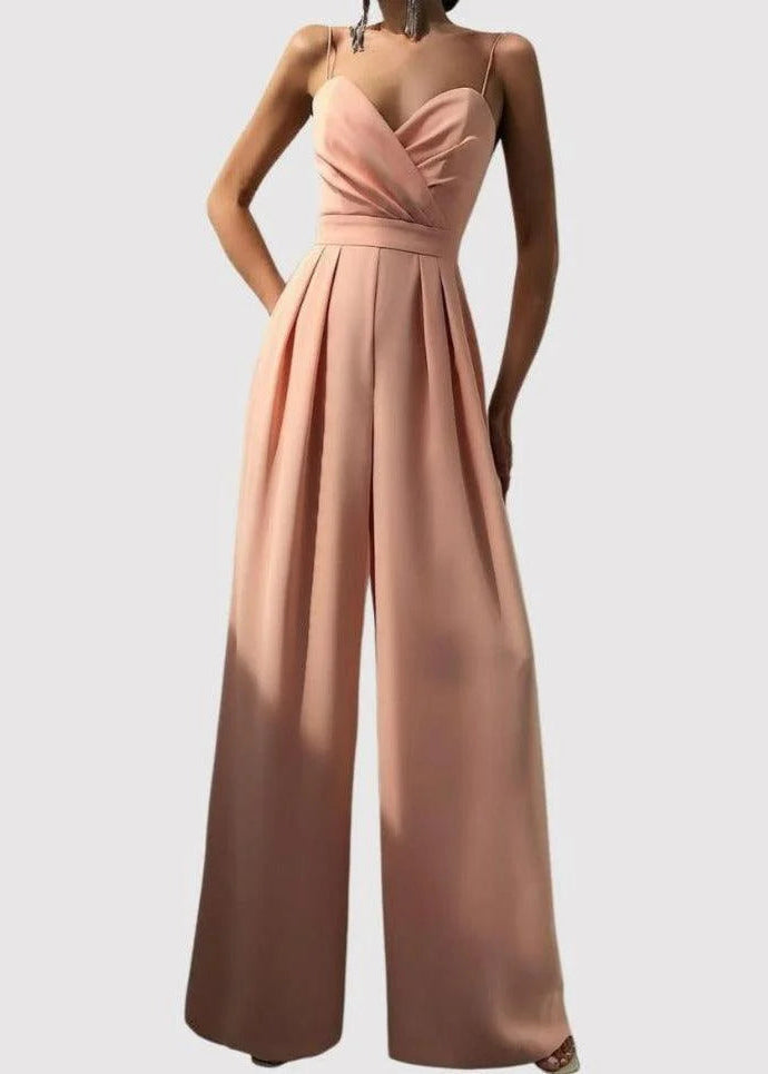 Damen Jumpsuit mit Wickeloberteil Spaghettiträgern Herzausschnitt und Weitem Hosenbein