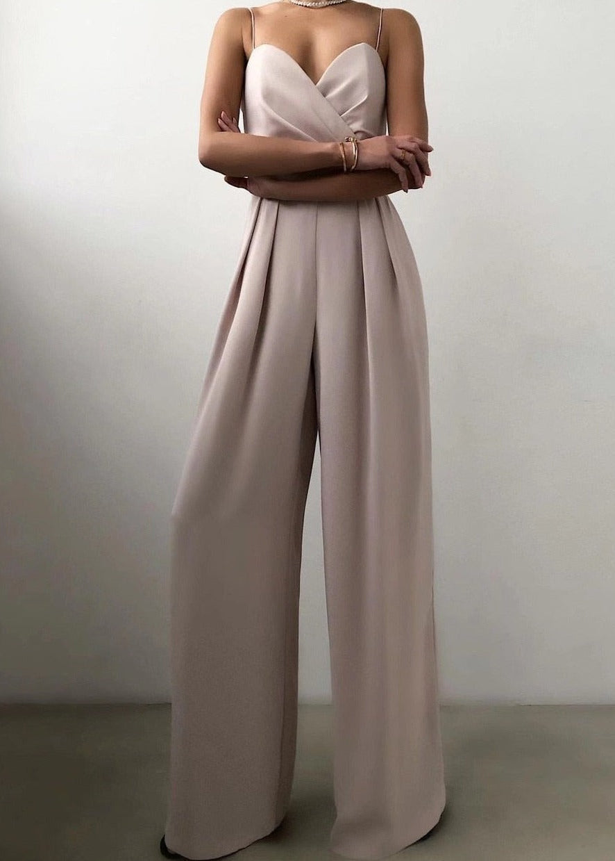 Damen Jumpsuit mit Wickeloberteil Spaghettiträgern Herzausschnitt und Weitem Hosenbein