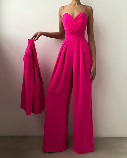 Damen Jumpsuit mit Wickeloberteil Spaghettiträgern Herzausschnitt und Weitem Hosenbein
