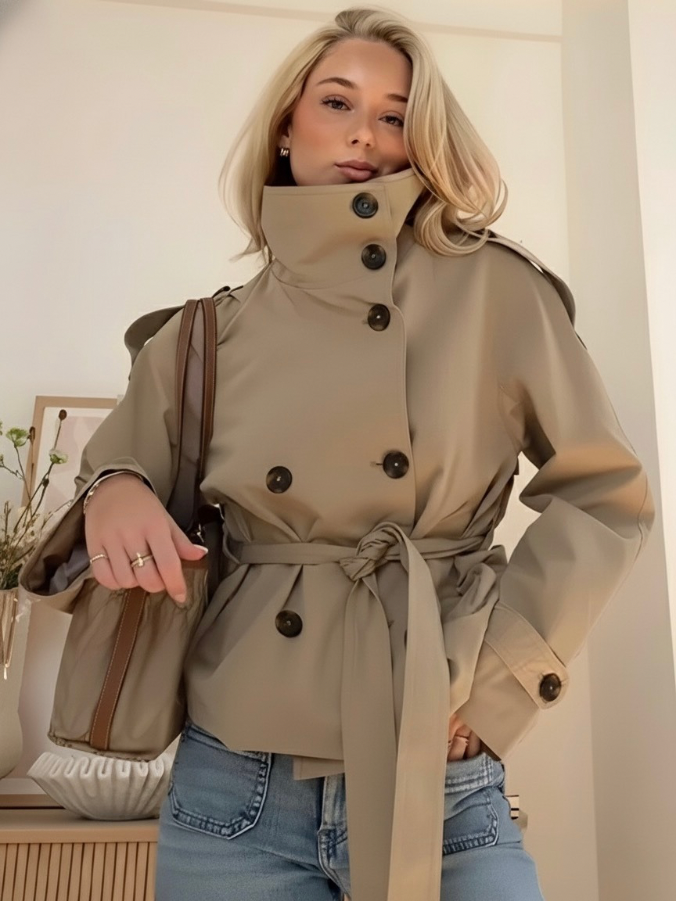 Damen kurze jacke mit bindegürtel und doppelreiher knopfleiste