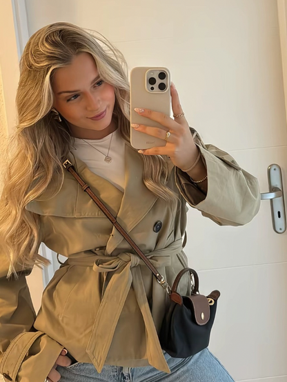 Damen kurze jacke mit bindegürtel und doppelreiher knopfleiste